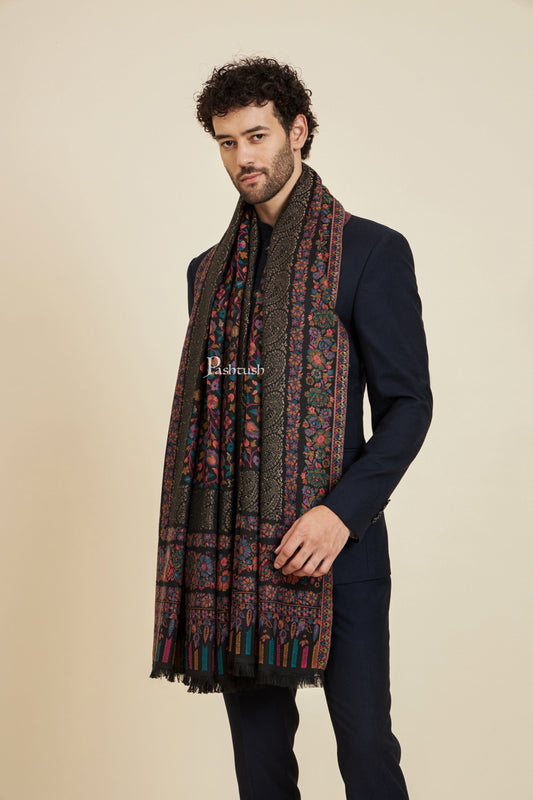 Pashtush India Mens Scarves Stoles and Mufflers Pashtush Mens Faux Pashmina Stole, Metallic Zari Border Design, Black