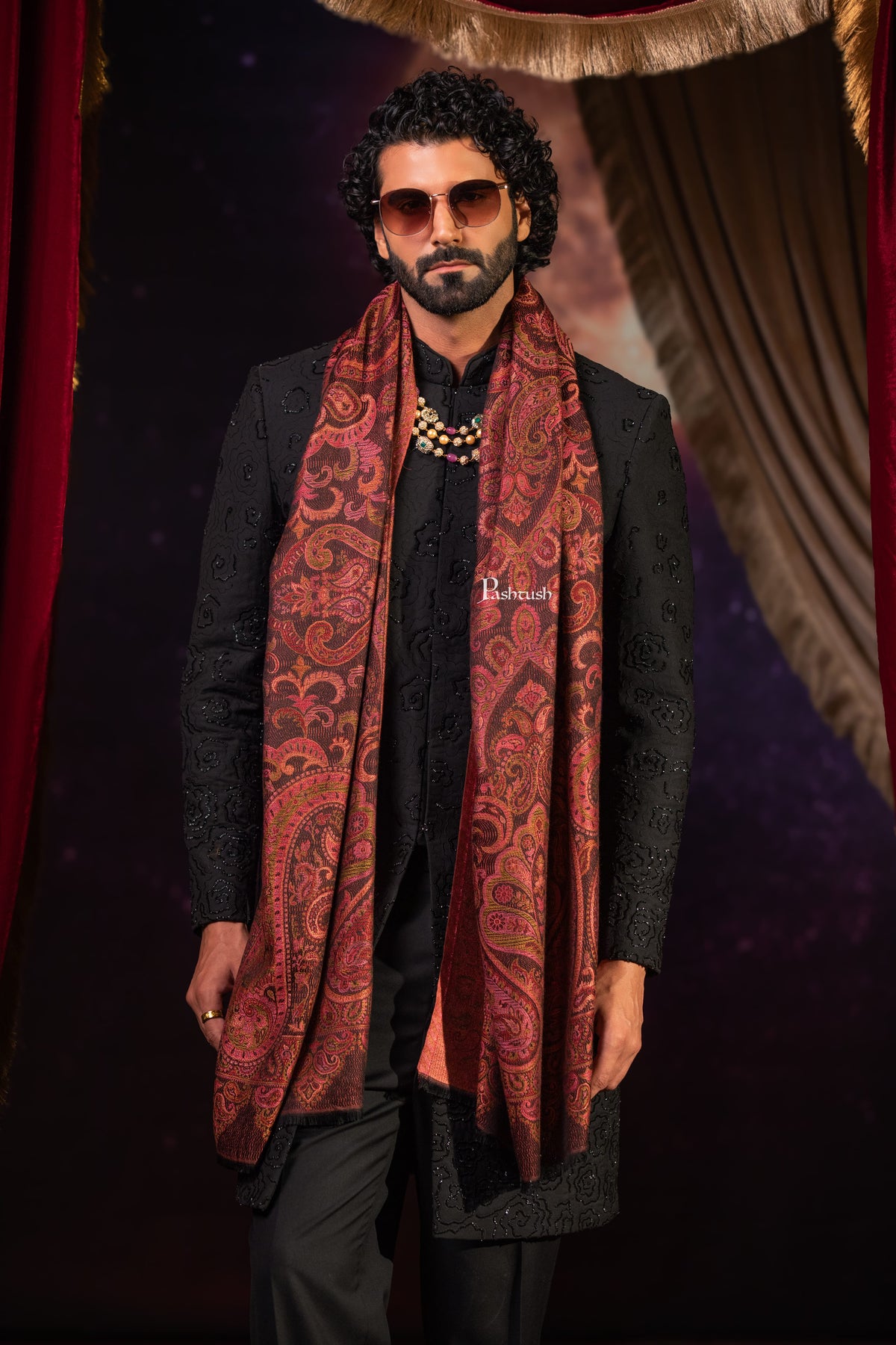 Pashtush India Mens Scarves Stoles and Mufflers Pashtush Mens Faux Pashmina Stole, Paisley Weave Design, Espresso Brown