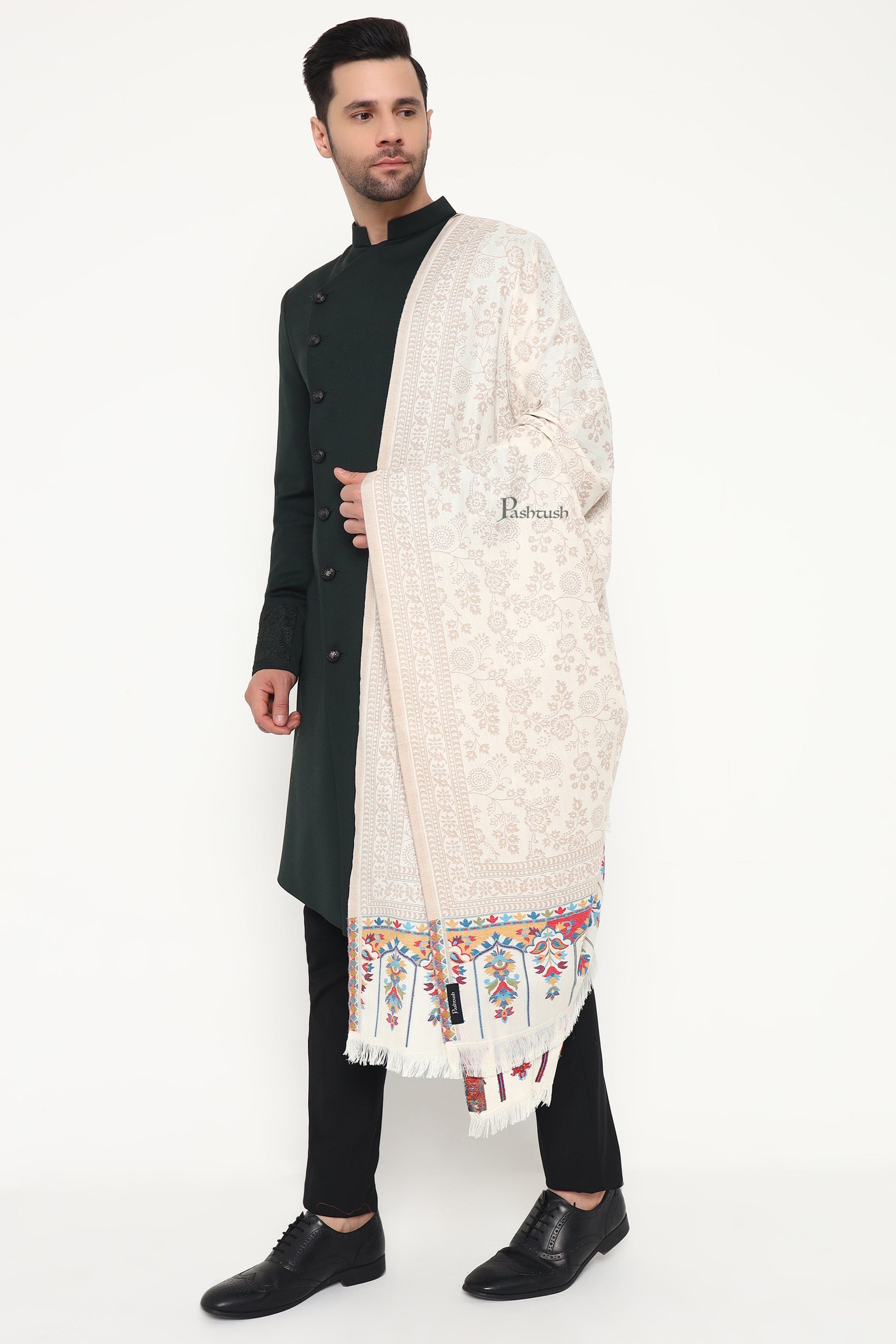 Pashtush India Mens Scarves Stoles and Mufflers Pashtush Mens Faux Pashmina Stole, Paisley Weave Design, Ivory