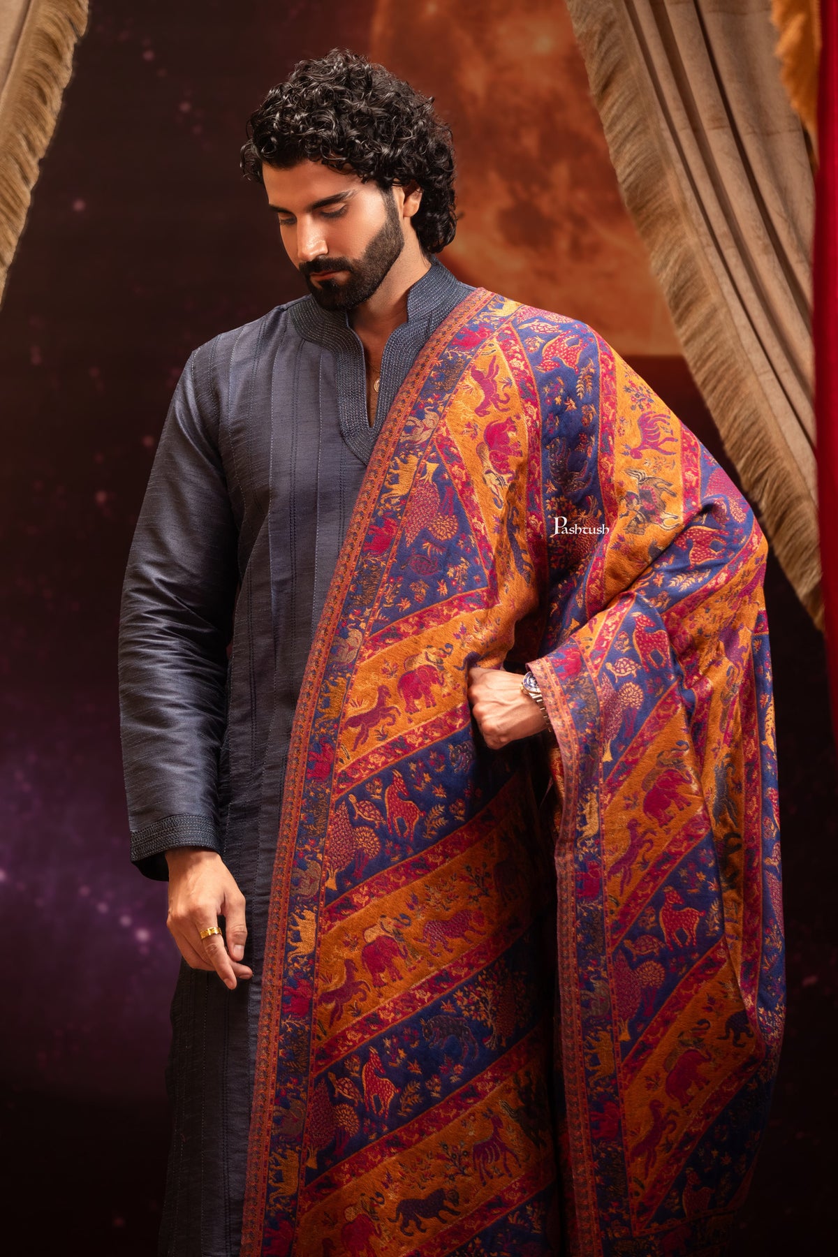 Pashtush India Mens Scarves Stoles and Mufflers Pashtush Mens Faux Pashmina Stole, Twilight Collection Zari Design, Blue