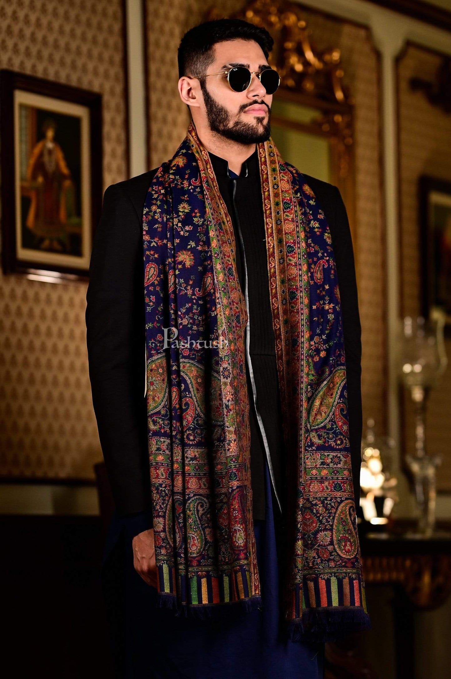 Pashtush India 100x200 Pashtush Mens Faux Pashmina Woven Design Ethnic Shawl, blue
