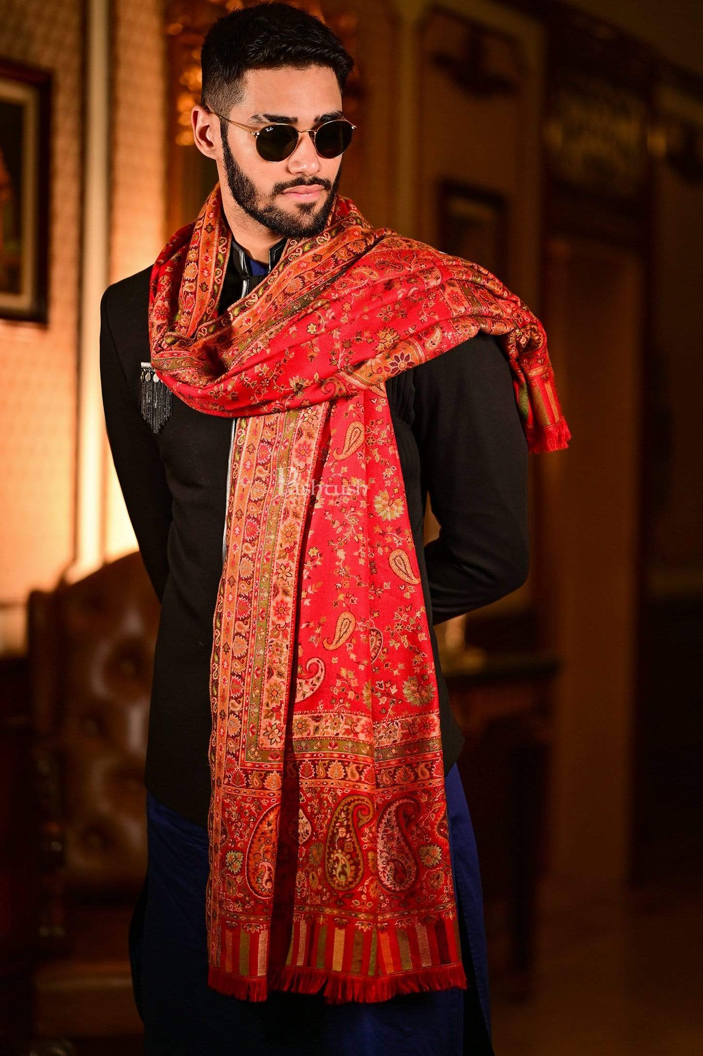 Pashtush India 100x200 Pashtush Mens Faux Pashmina Woven Design Ethnic Shawl, Red