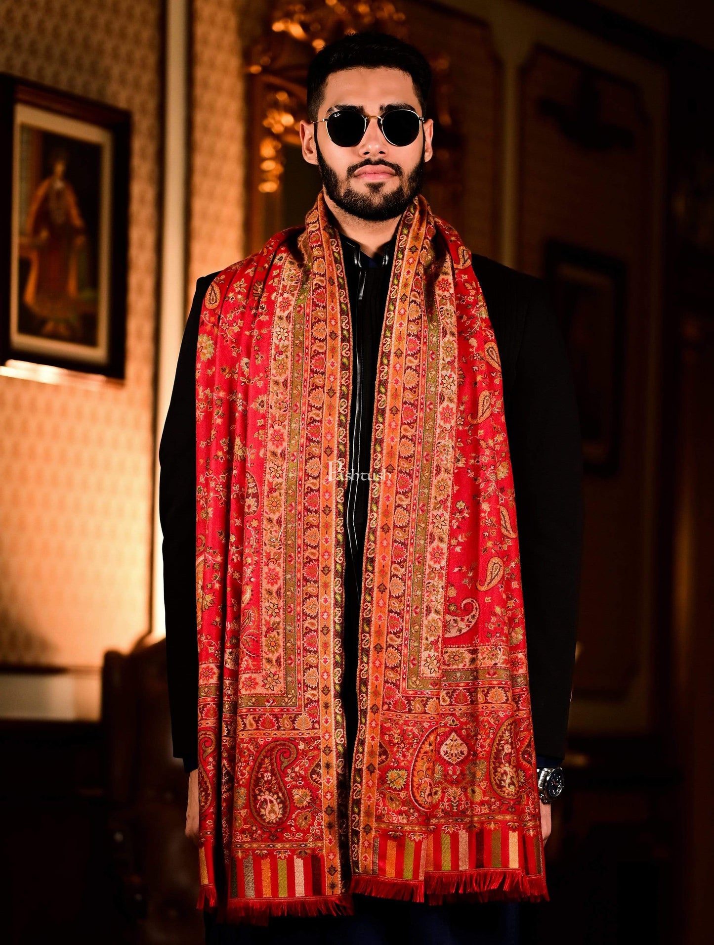 Pashtush India 100x200 Pashtush Mens Faux Pashmina Woven Design Kaani Shawl, Red