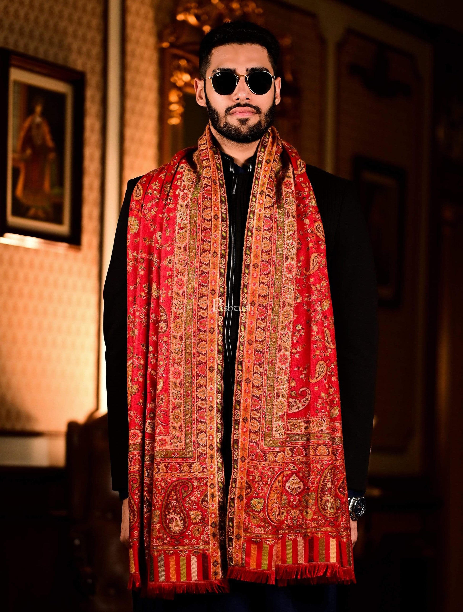 Pashtush India 100x200 Pashtush Mens Faux Pashmina Woven Design Kaani Shawl, Red