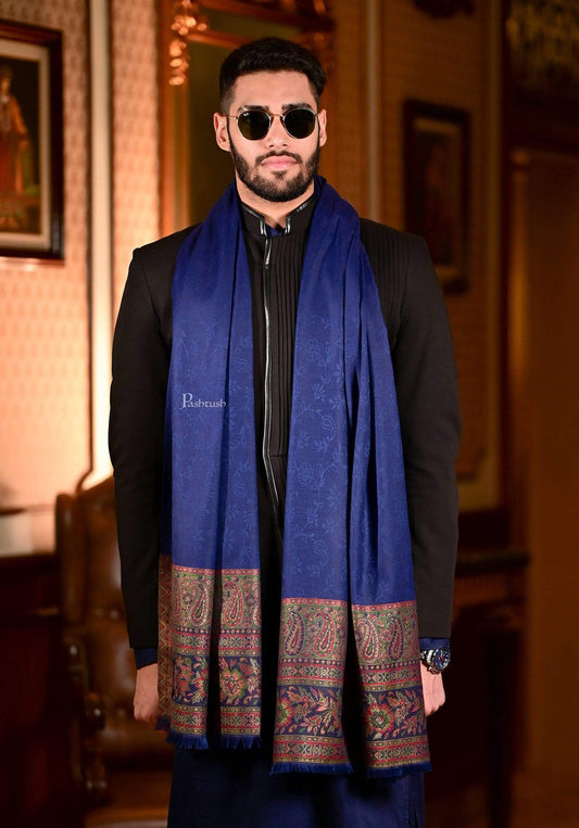 Pashtush India 70x200 Pashtush Mens Fine Bamboo Jacquard Scarf, Reversible, Navy Blue