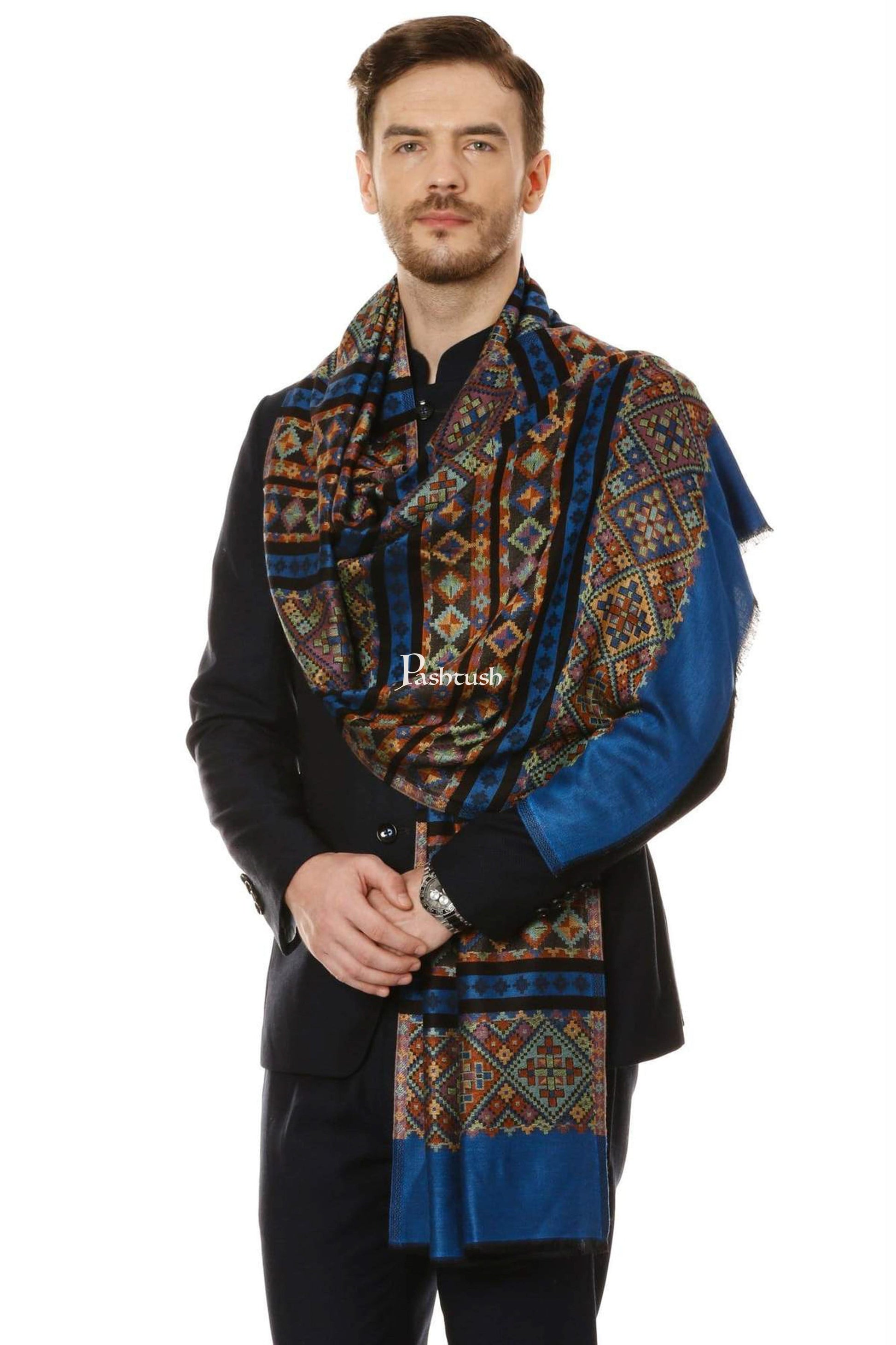 Pashtush India Mens Scarves Stoles and Mufflers Pashtush Mens Fine Bamboo Soft Aztec Ethnic Stole - Blue