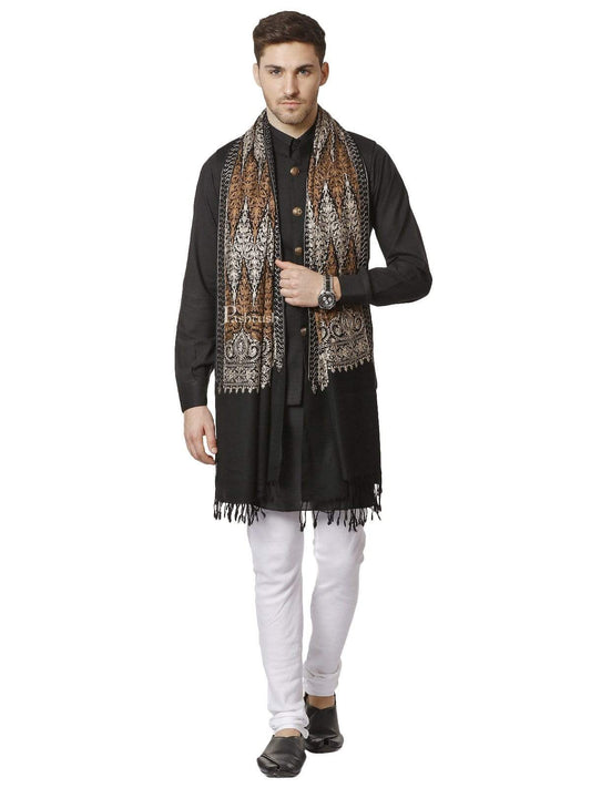 Pashtush India 70x200 Pashtush Mens Fine Kashmiri Embroidery Stole, Black