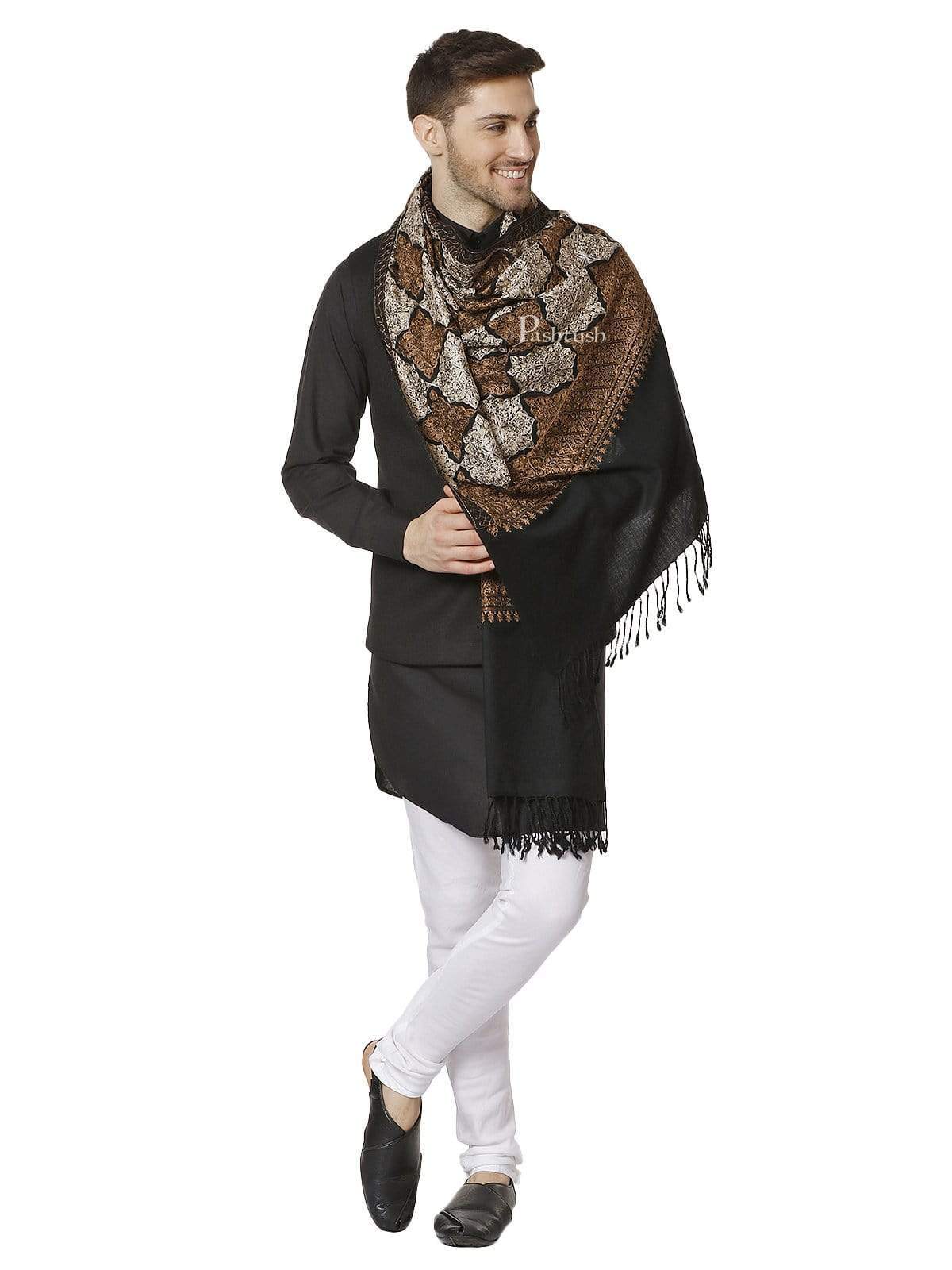 Pashtush India 70x200 Pashtush Mens Fine Kashmiri Embroidery Stole, Black