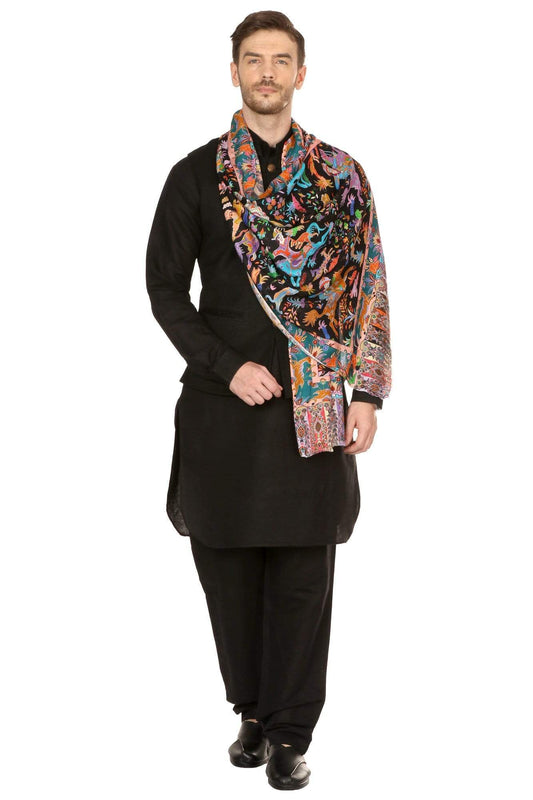 Pashtush India 70x200 Pashtush Mens fine Soft Bamboo Stole, Shikaardar Design - Black