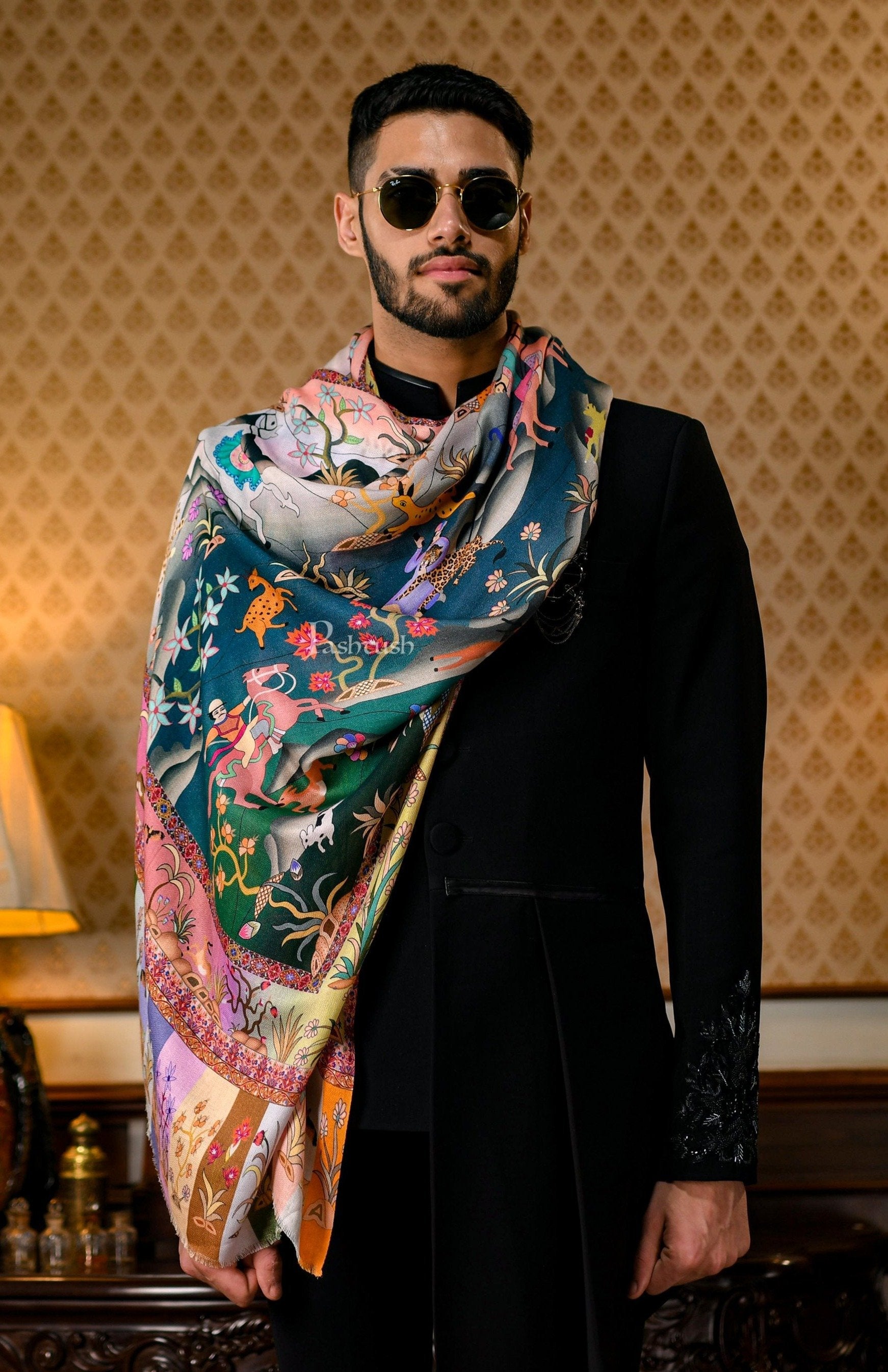 Pashtush India 70x200 Pashtush Mens fine Soft Bamboo Stole, Shikaardar Print Design