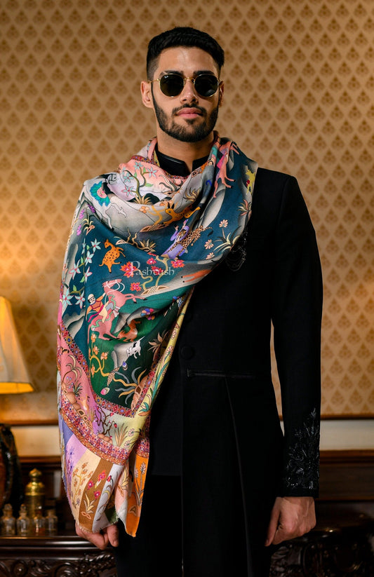 Pashtush India 70x200 Pashtush Mens fine Soft Bamboo Stole, Shikaardar Print Design