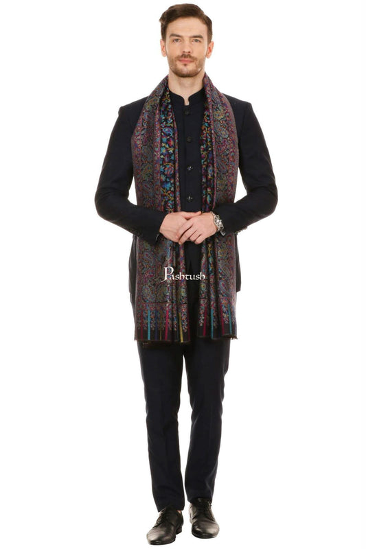 Pashtush India Mens Scarves Stoles and Mufflers Pashtush Mens Fine Soft Ethnic Stole Black