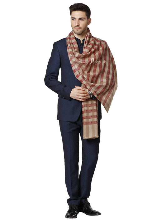 Pashtush India 70x200 Pashtush Mens Fine Wool Checkered Stole, Crimson and Beige