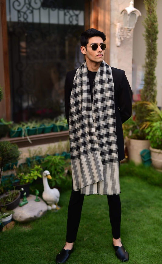Pashtush India 100x200 Pashtush Mens Fine Wool Checkered Stole, Extra Soft and Warm - Black and Beige
