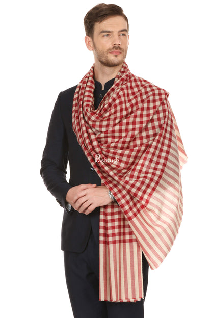Pashtush India Mens Scarves Stoles and Mufflers Pashtush Mens Fine Wool Checkered Stole, Extra Soft And Warm - Maroon