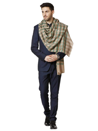 Pashtush India 70x200 Pashtush Mens Fine Wool Checkered Stole, Green and Beige