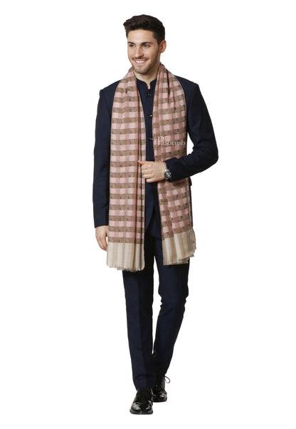 Pashtush India 70x200 Pashtush Mens Fine Wool Checkered Stole, Roseo Beige