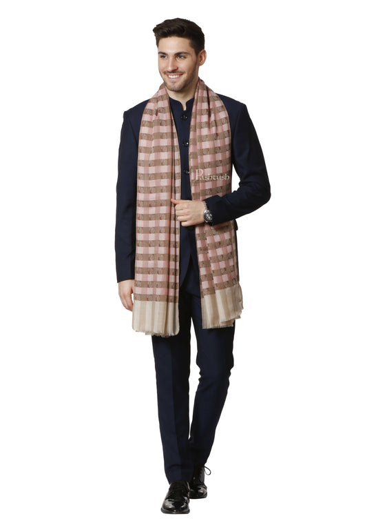 Pashtush India 70x200 Pashtush Mens Fine Wool Checkered Stole, Roseo Beige