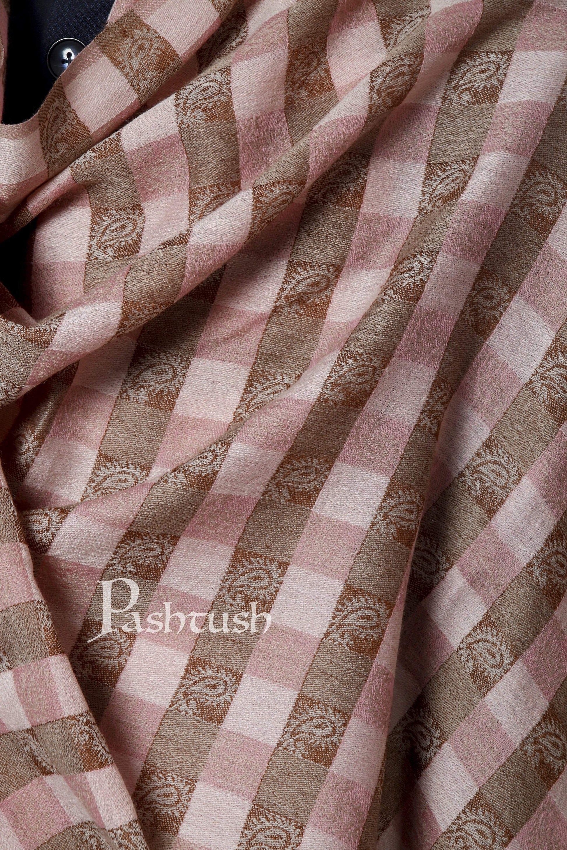 Pashtush India 70x200 Pashtush Mens Fine Wool Checkered Stole, Roseo Beige
