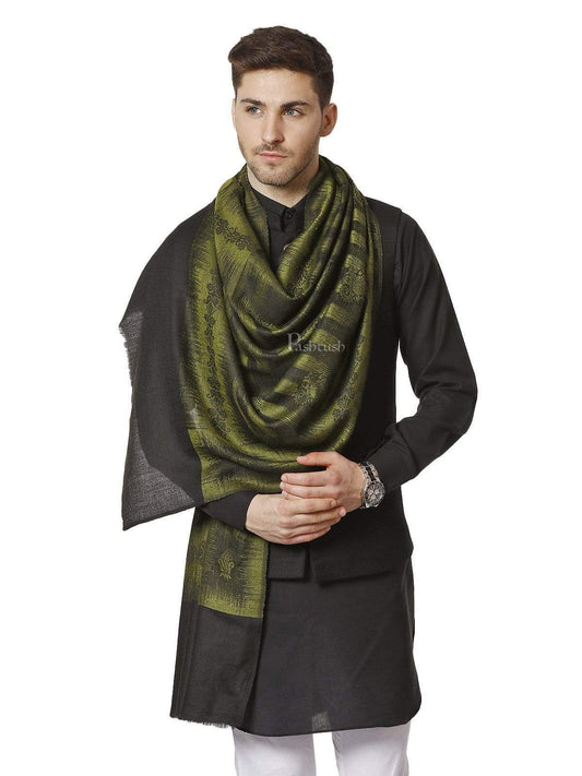 Pashtush India 70x200 Pashtush Mens Fine Wool Ikkat Design, Stole, Emerald Green