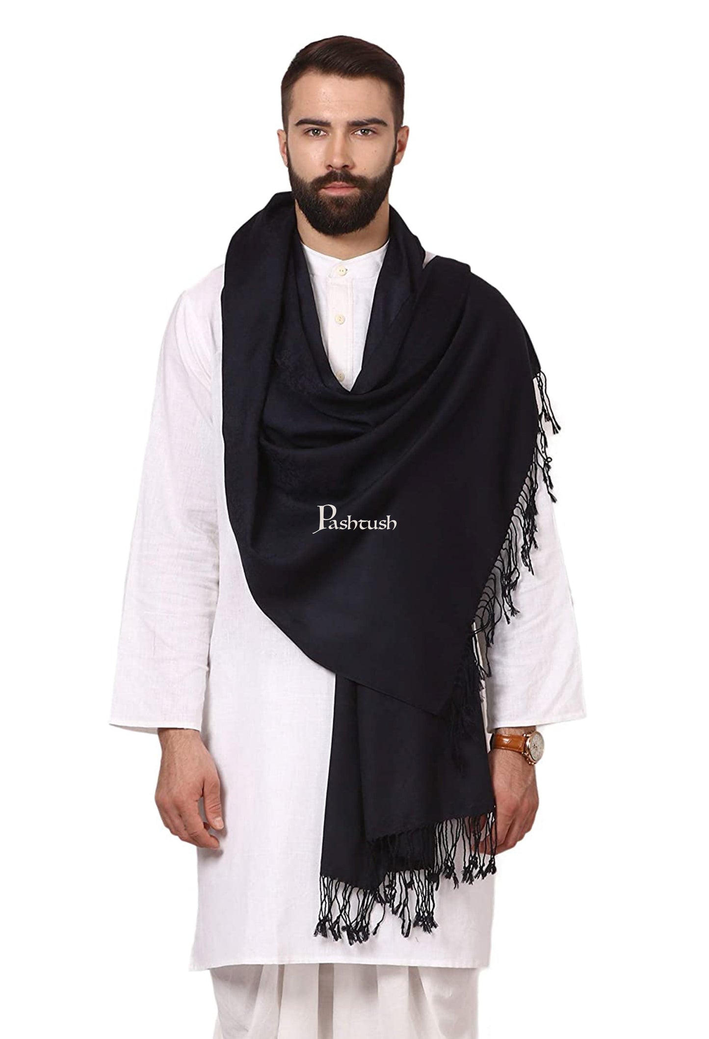 Pashtush India Mens Scarves Stoles and Mufflers Pashtush Mens Fine Wool Jacquard Muffler, Navy Blue