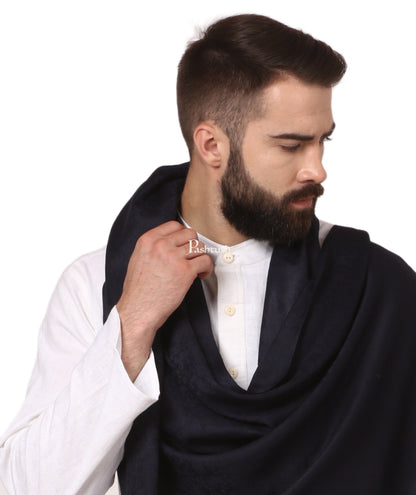 Pashtush India Mens Scarves Stoles and Mufflers Pashtush Mens Fine Wool Jacquard Scarf - Rich Black