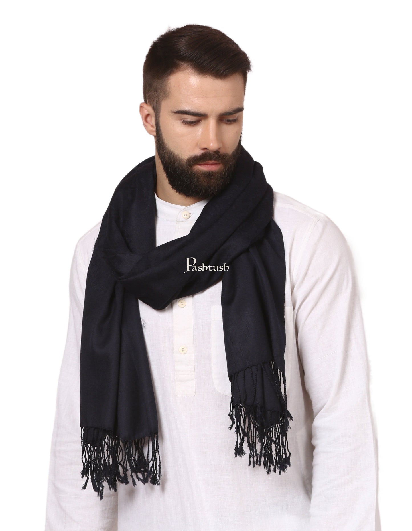 Pashtush India Mens Scarves Stoles and Mufflers Pashtush Mens Fine Wool Jacquard Scarf - Rich Black