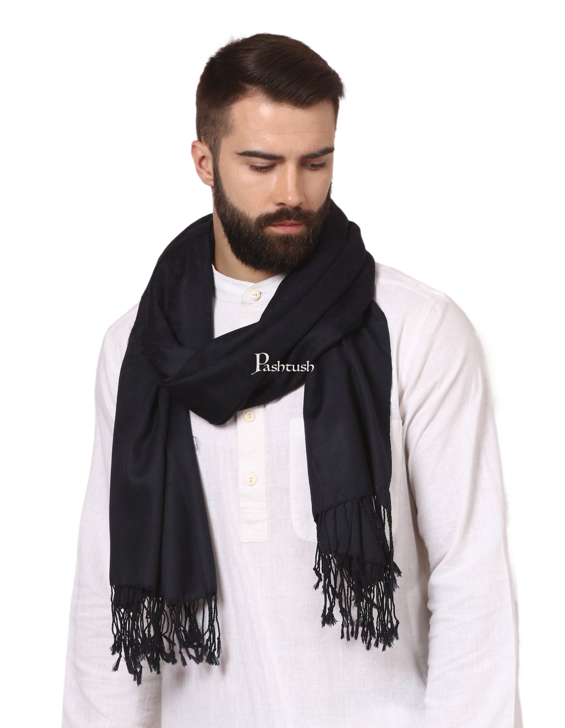 Pashtush India Mens Scarves Stoles and Mufflers Pashtush Mens Fine Wool Jacquard Scarf - Rich Black