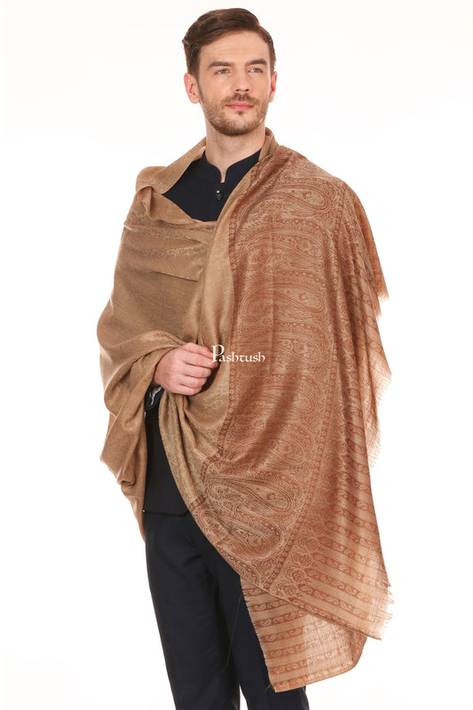 Pashtush India Mens Scarves Stoles and Mufflers Pashtush Mens Fine Wool Jacquard Stole, Beige