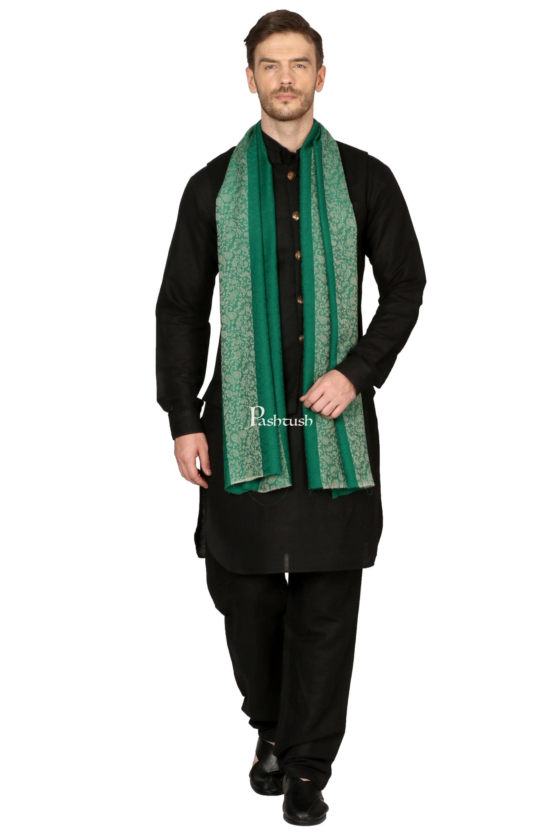 Pashtush India Mens Scarves Stoles and Mufflers Pashtush Mens Fine Wool Reversible Muffler, Soft And Warm - Emerald Green