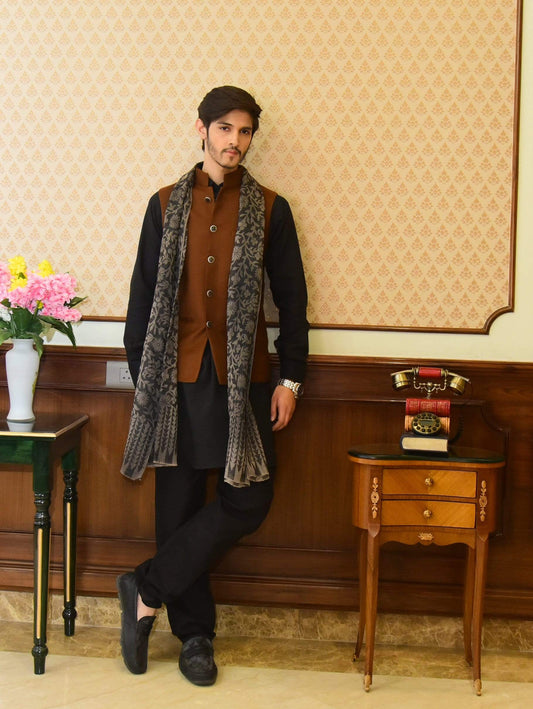 Pashtush India 70x200 Pashtush Mens Fine Wool Self Reversible Muffler - Black