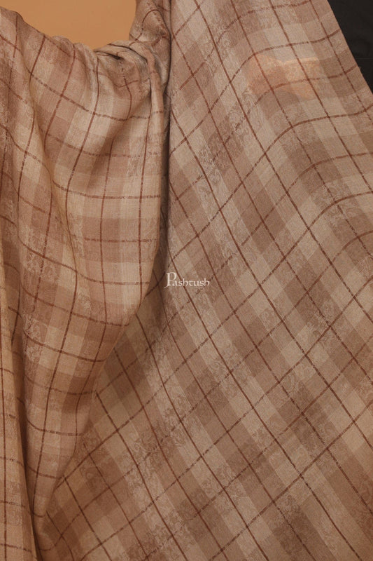 Pashtush India Womens Shawls Pashtush Mens Fine Wool Shaw, Checkered Weave, Light Weight , Beige and Brown