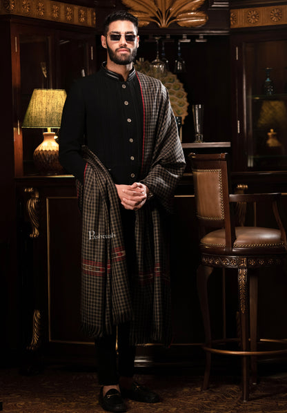 Pashtush India Mens Shawls Gents Shawl Pashtush mens Fine Wool shawl, Checkered Weave design, Black