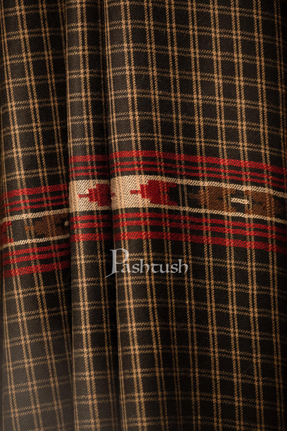 Pashtush India Mens Shawls Gents Shawl Pashtush mens Fine Wool shawl, Checkered Weave design, Black