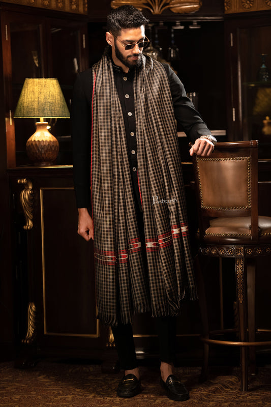 Pashtush India Mens Shawls Gents Shawl Pashtush mens Fine Wool shawl, Checkered Weave design, Black
