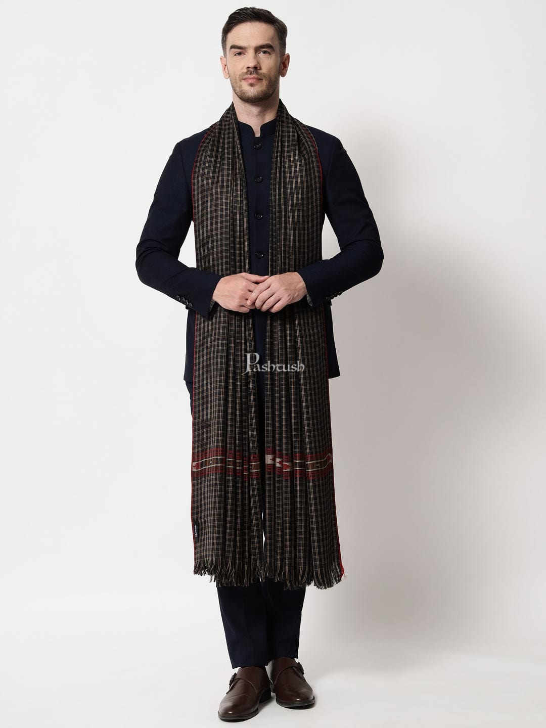 Pashtush India Mens Shawls Gents Shawl Pashtush mens Fine Wool shawl, Checkered Weave design, Black