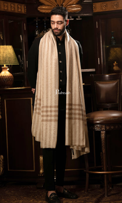 Pashtush India Mens Shawls Gents Shawl Pashtush Mens Fine Wool Shawl, Checks, Extra Soft And Warm, Beige