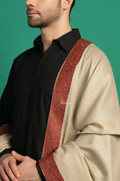 Pashtush India Mens Shawls Gents Shawl Pashtush Mens Fine Wool Shawl, Double Daur Challa Design, Beige