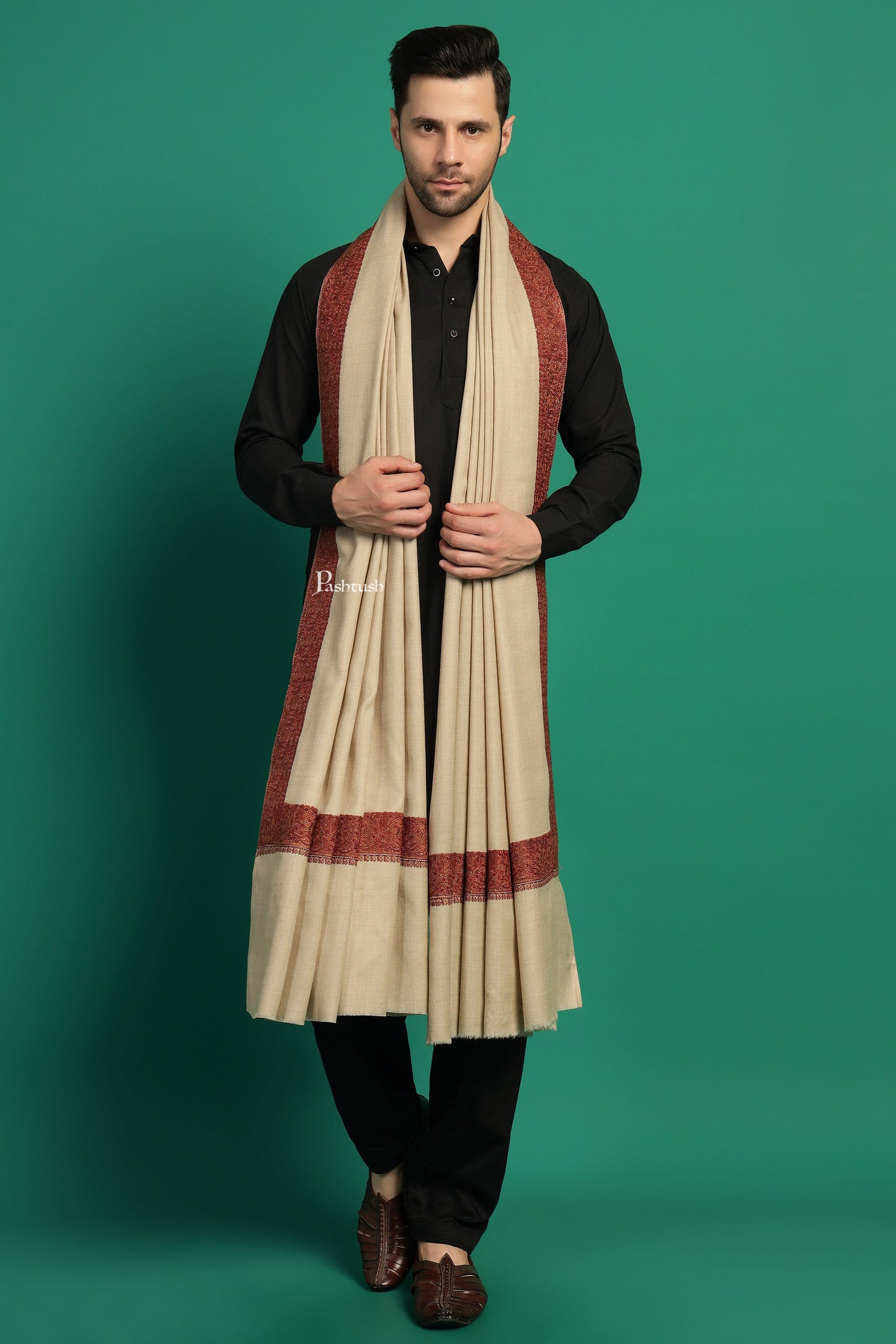 Pashtush India Mens Shawls Gents Shawl Pashtush Mens Fine Wool Shawl, Double Daur Challa Design, Beige