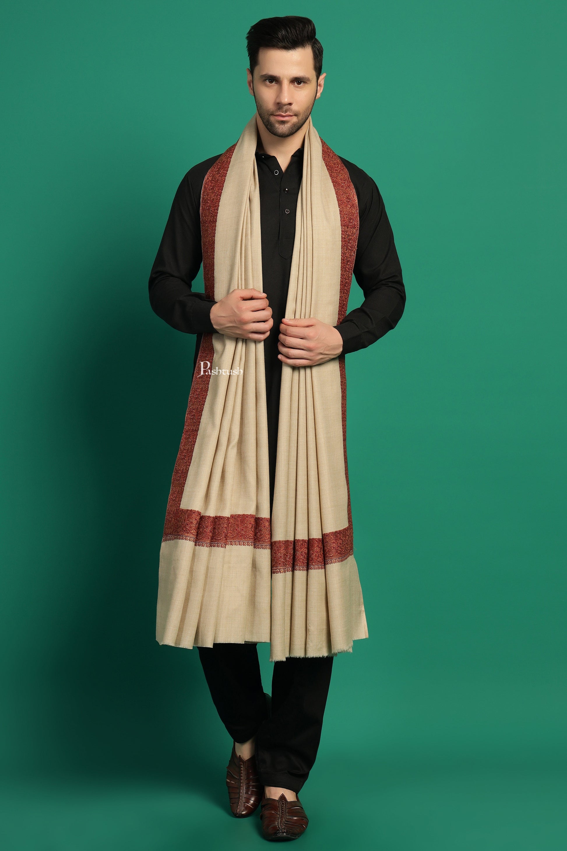 Pashtush India Mens Shawls Gents Shawl Pashtush Mens Fine Wool Shawl, Double Daur Challa Design, Beige