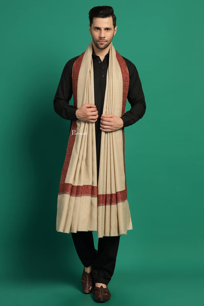 Pashtush India Mens Shawls Gents Shawl Pashtush Mens Fine Wool Shawl, Double Daur Challa Design, Beige