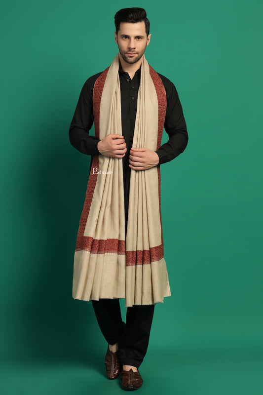 Pashtush India Mens Shawls Gents Shawl Pashtush Mens Fine Wool Shawl, Double Daur Challa Design, Beige