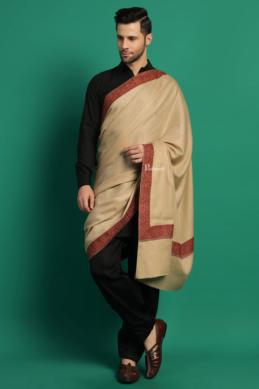 Pashtush India Mens Shawls Gents Shawl Pashtush Mens Fine Wool Shawl, Double Daur Challa Design, Taupe