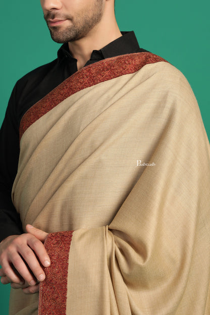 Pashtush India Mens Shawls Gents Shawl Pashtush Mens Fine Wool Shawl, Double Daur Challa Design, Taupe