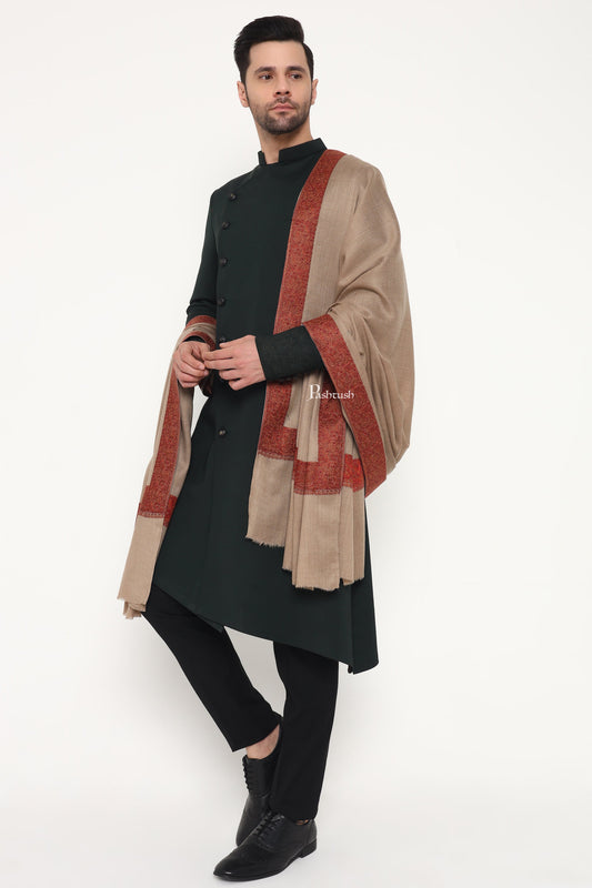 Pashtush India Mens Shawls Gents Shawl Pashtush Mens Fine Wool Shawl, Double Daur Challa Design, Taupe