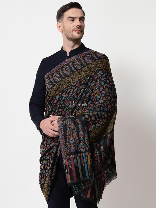 Pashtush India Mens Shawls Gents Shawl Pashtush mens Fine Wool shawl, Ethnic design, Black, Mens Lohi, Full Size