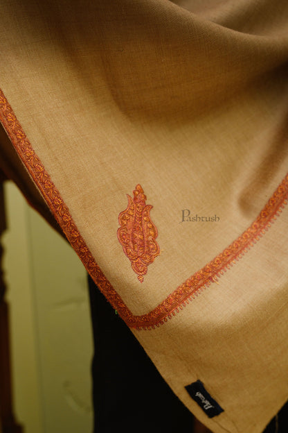 Pashtush India Mens Shawls Gents Shawl Pashtush Mens Fine Wool Shawl, Kashmiri Border Embroidery, Kingri Design, Taupe