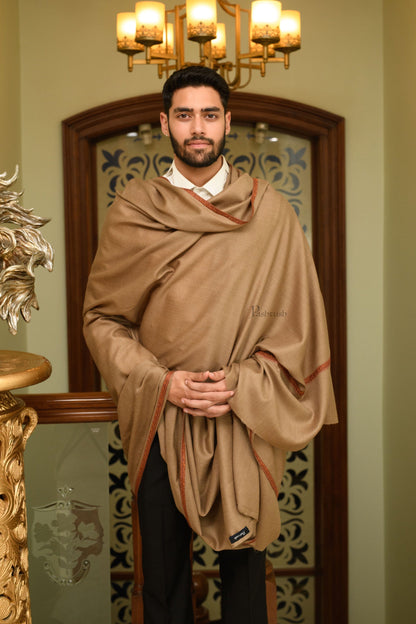 Pashtush India Mens Shawls Gents Shawl Pashtush Mens Fine Wool Shawl, Kashmiri Border Embroidery, Kingri Design, Taupe