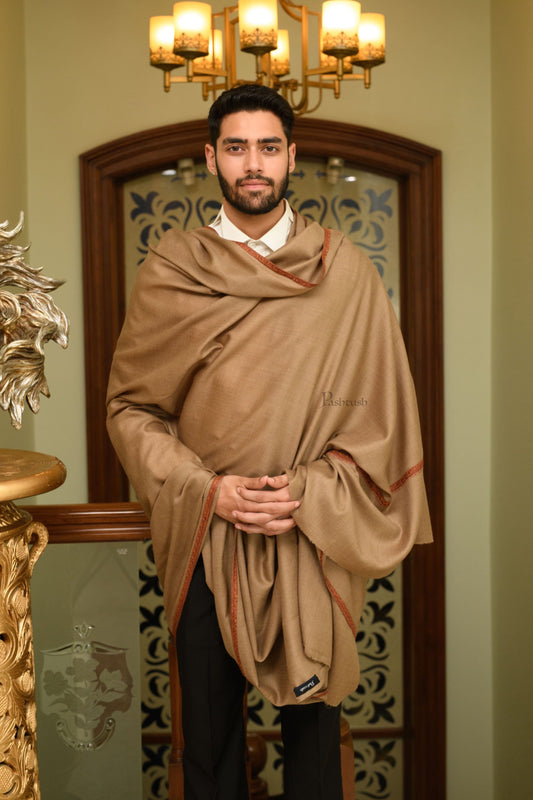 Pashtush India Mens Shawls Gents Shawl Pashtush Mens Fine Wool Shawl, Kashmiri Border Embroidery, Kingri Design, Taupe