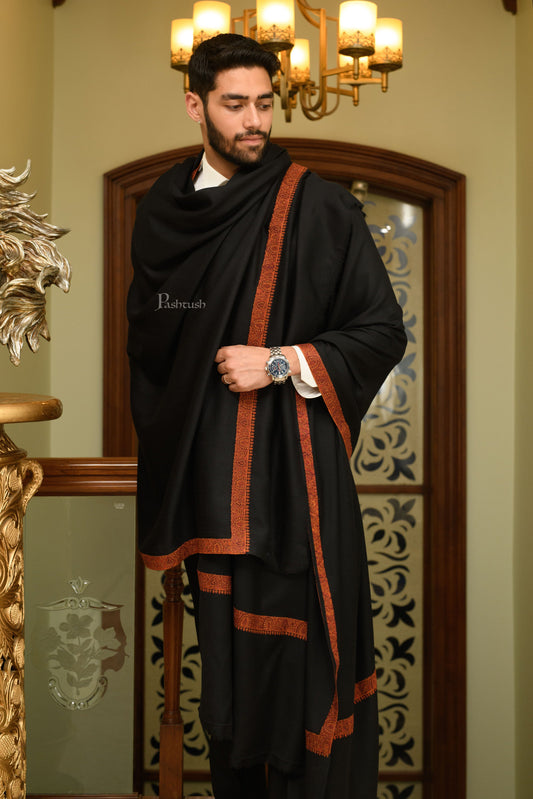 Pashtush India Mens Shawls Gents Shawl Pashtush Mens Fine Wool Shawl, Kashmiri Border Embroidery, Neemdaur Design, Black